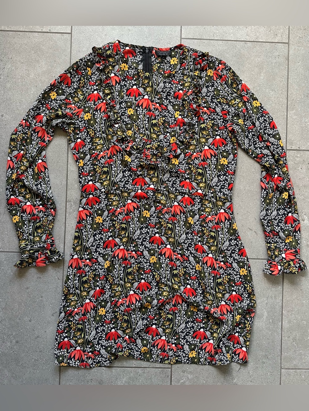 Topshop Black Floral Dress/tunic with Red & Yellow Blooms size 10